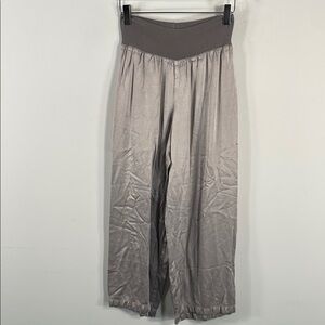 PJ Harlow Lola  Satin Pant With Rib Knit Foldover Waistband in Dark SIlver Sz XS